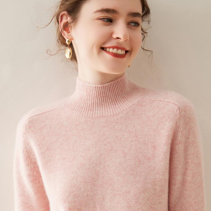 Women's Cashmere Half High-Neck Sweater - Autumn/Winter, Thickened, Solid Color, Loose Saddle Shoulder Knit.