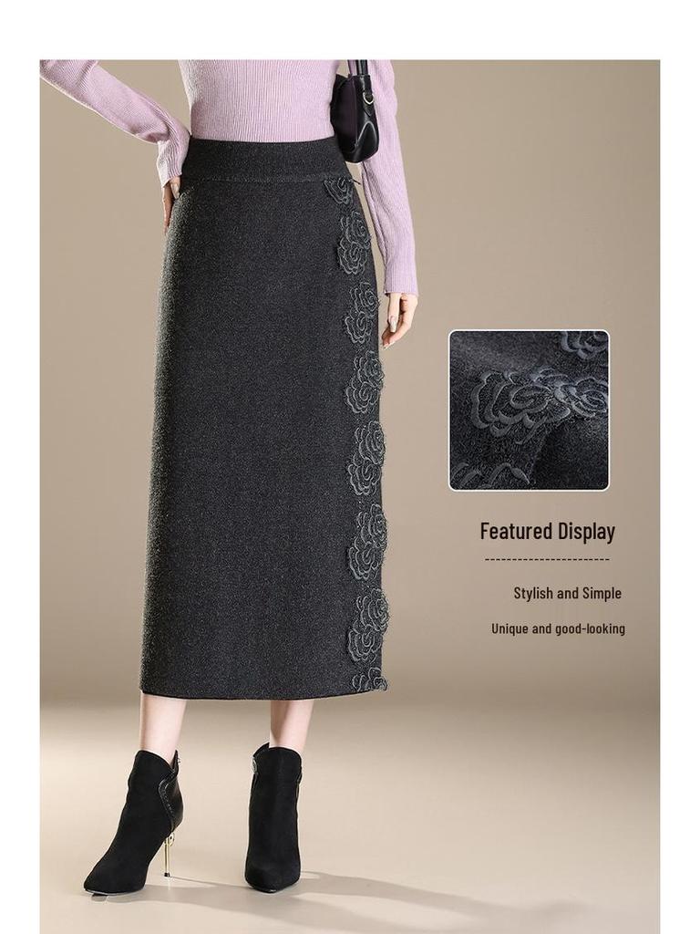 2026 Peony Lace Stretchy Knit Midi Bodycon Skirt
