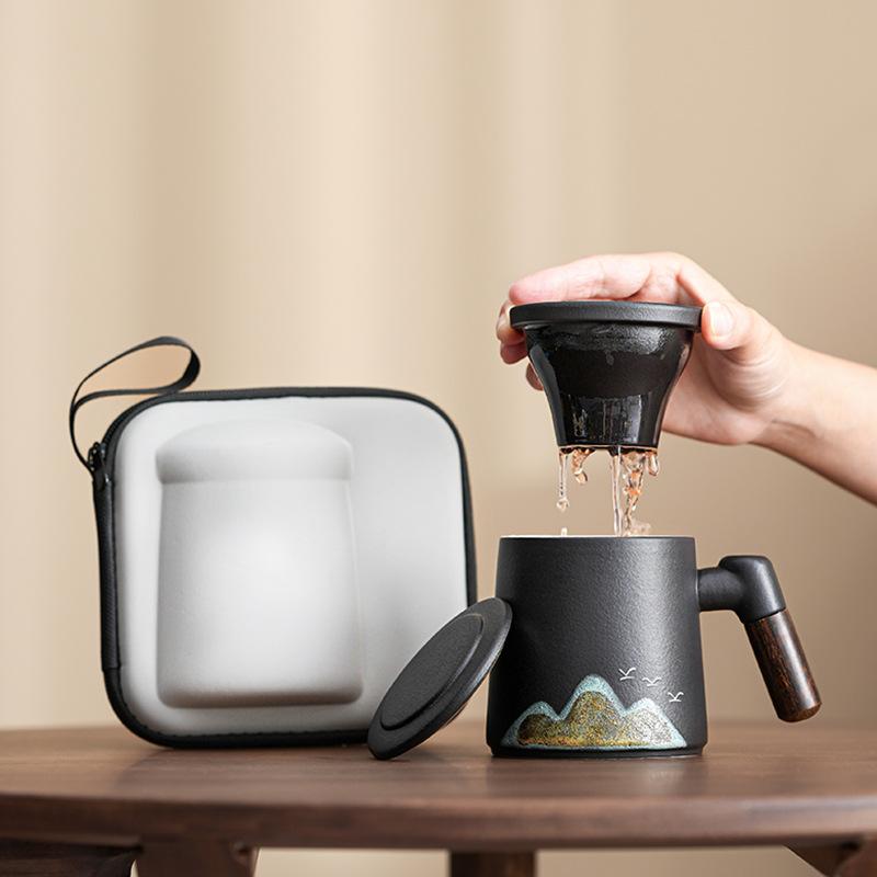 Light luxury portable coarse pottery Qingshan flying bird office cup tea separation retro mug simple gift box business gift