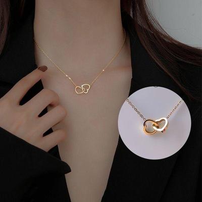 Titanium Steel 18K Love Double Ring Necklace - Female Heart-to-Heart Clavicle Chain Pendant