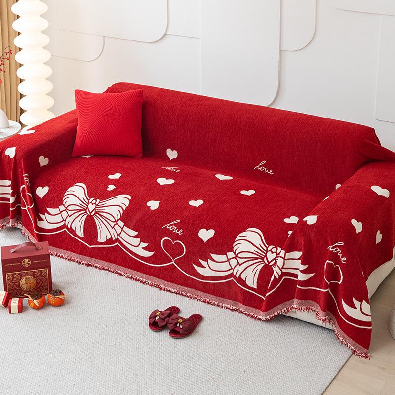 Wedding Decoration Red Sofa Towel Cover Blanket Living Room Universal Multifunctional Non Slip Skin Friendly Chenille Romantic