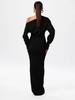 Elegant Off Shoulder Long Sleeve Bodycon Dress With Stretch Polyester For Office Wear