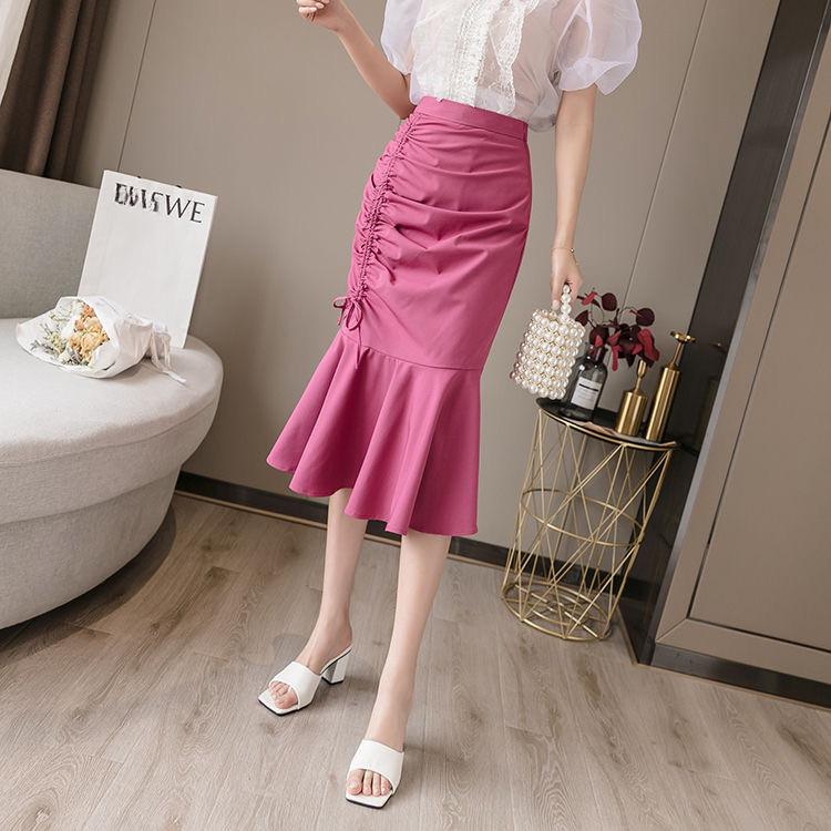 Women's Spring Summer High-Waisted Slimming Stretch Mermaid Hem Skirt with Ruffled Details Mid Length Bodycon Skirt Trendy
