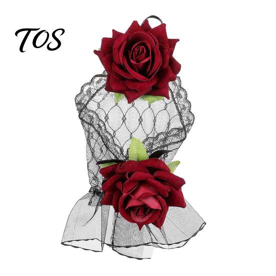 Elasticated Lace Hand Flowers Gothic Fingerless Glove, Elastic Short Sleeve, Wine Red Rose Bracelets Flower Wrist Cuff for Women Girls, Wedding,