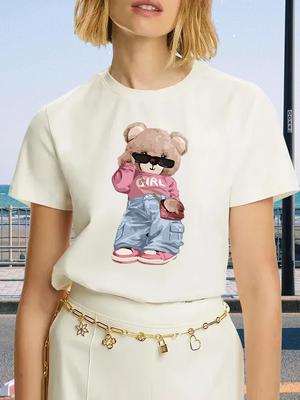 Niedliches Bären-Print T-Shirt Kurzarm Rundhals Lässiges Oberteil für Sommer & Frühling Damenbekleidung T-Shirt Damenoberteile Streetwear