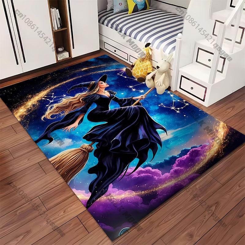 Witch Flying Through Magical Sky Carpet Yoga Living Room Room Decor Children's Crawling Mat Doormat Area Rug Games Mat