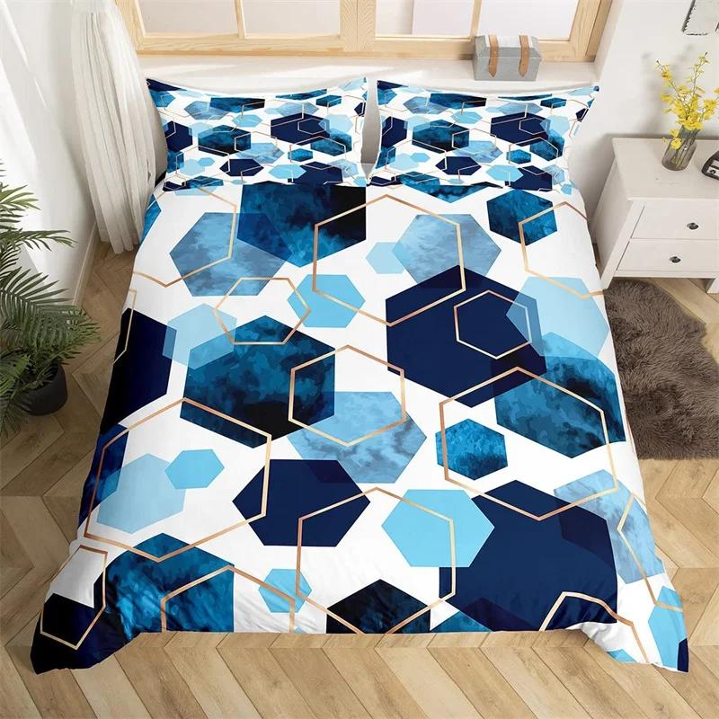 Marble Duvet Cover Set Microfiber Geometric Hexagone Quilt Cover Honeycomb Bedding Set Single King Queen For Kids Teens Adults