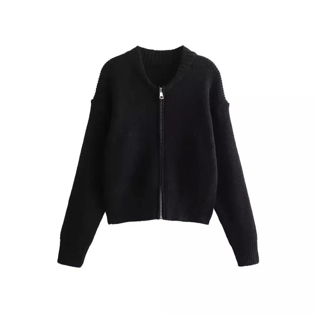 Вязаный свитер для женщин, модный свитер с V-образным вырезом и длинным рукавом на молнии, женский, 2024, осень-зима, женская верхняя одежда для улицы S чёрный