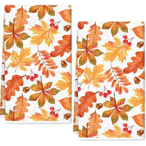 Fall Leaves Kitchen Towels Watercolor Maple Leaves Dish Towels 18 x 28 Inch Autumn Hand Drying Tea Towels for Thanksgiving Cooking Baking Cleaning