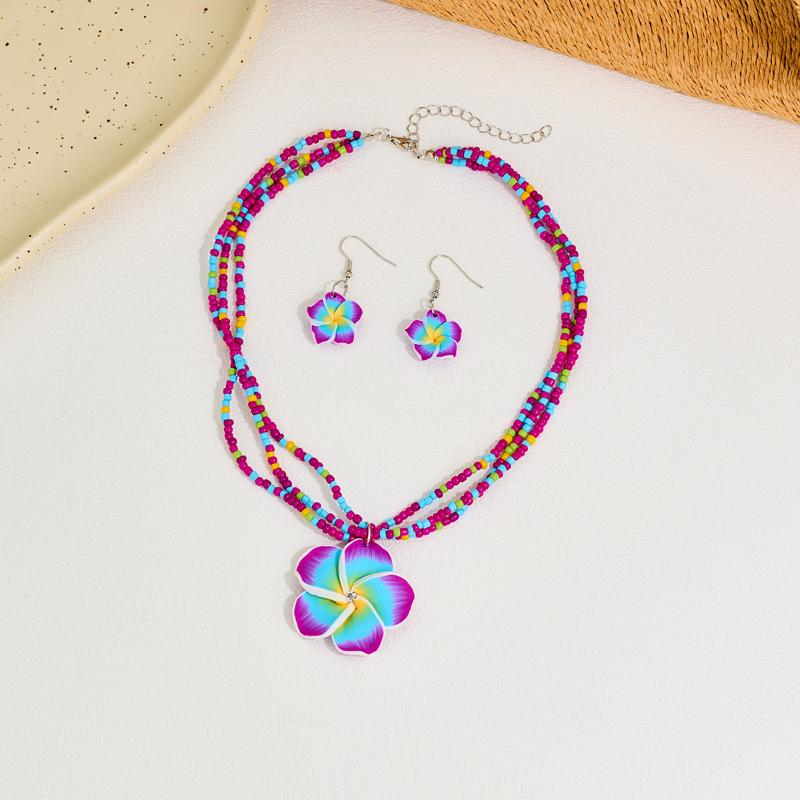 Polymer Clay Flowerwomen Jewelry Set Cute  Seaside Beach Colorful Flower Earrings Girls Sweet Beaded Chain Necklace Girl