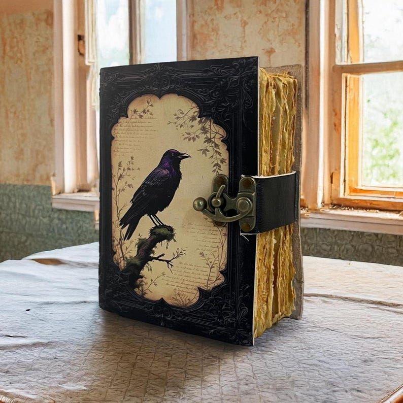 

Винтажный готический кожаный журнал с вороном - подарок в стиле темной академии, дневник для записей, викканский гримуар Книга теней 8 x 6 in