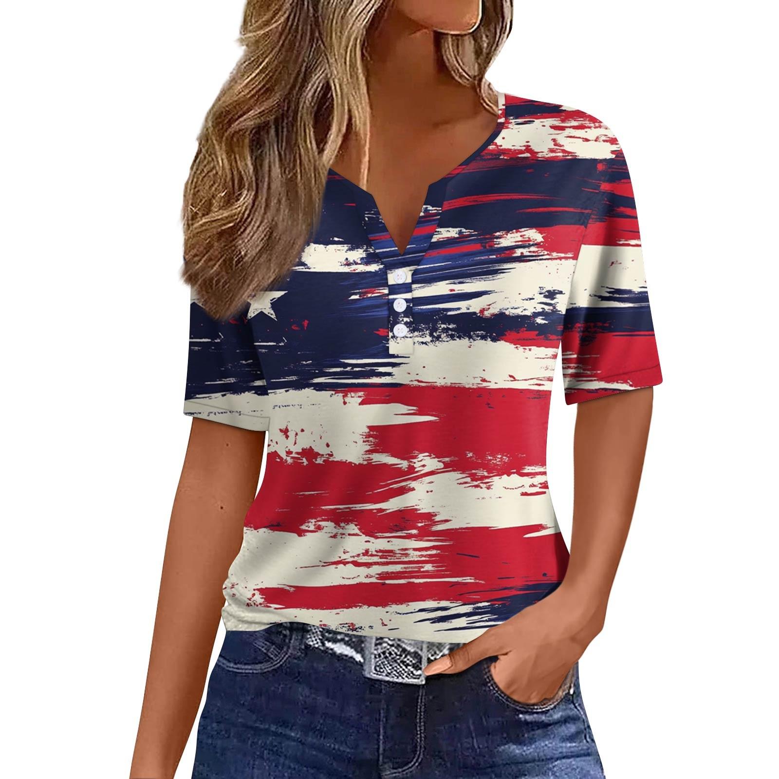 

Женская мода повседневная кофта с принтом «День независимости» с V-образным вырезом и короткими рукавами на пуговицах XL винный