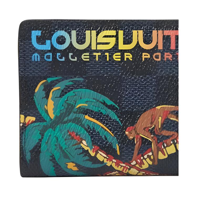 Louis Vuitton Graffiti Pattern Checkered Double Fold Design Coated Canvas Wallet Unisex Wallet Black M63508