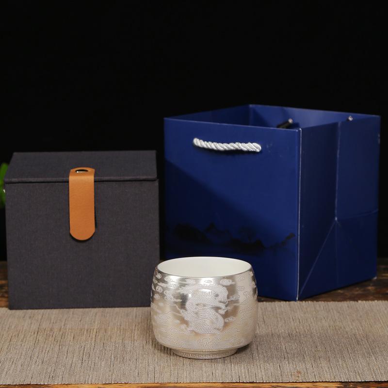999 Vergoldetes Silber Drache und Phönix Handgefertigt Reiner Jade Keramik Geschenkbox Kung Fu Tee Set Haushaltsgebrauch Meistertasse