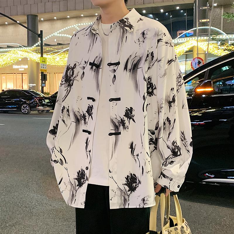 New Chinese style shirt, men's artistic long sleeved ink printed button down shirt, handsome men's Tang suit
