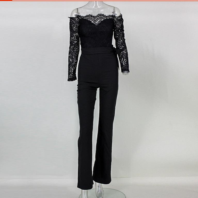 Off-Shoulder Jumpsuit med Blonde-Patchwork og Sommerfugldetaljer med Vide Ben