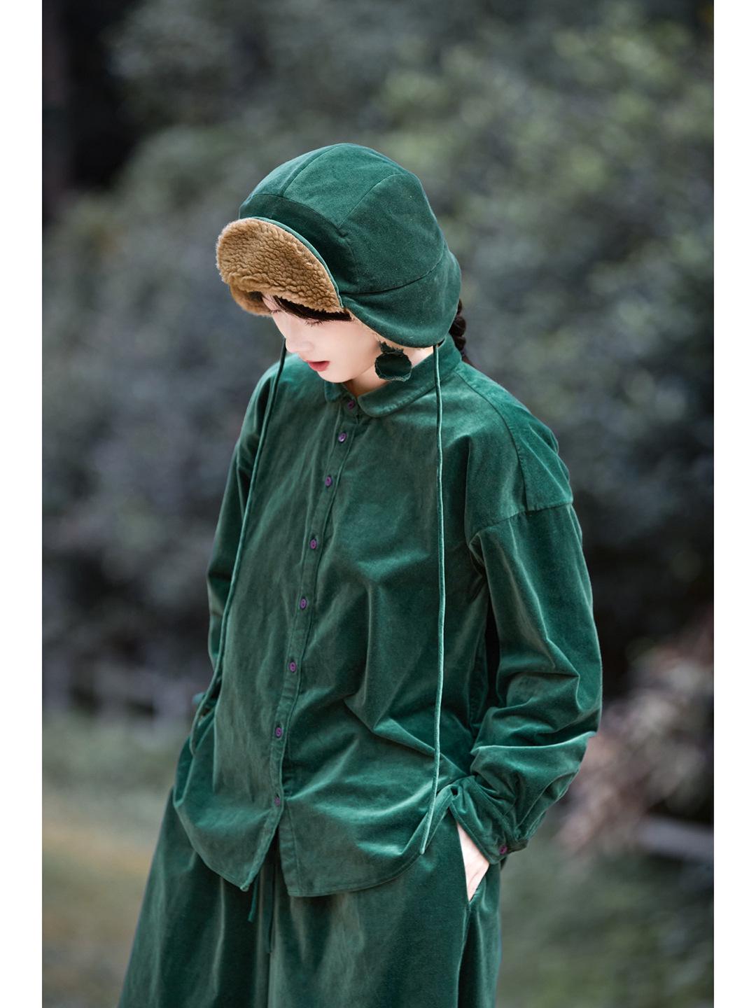 Artistic Retro Green Corduroy Lapel Casual Warm Shirt Medium