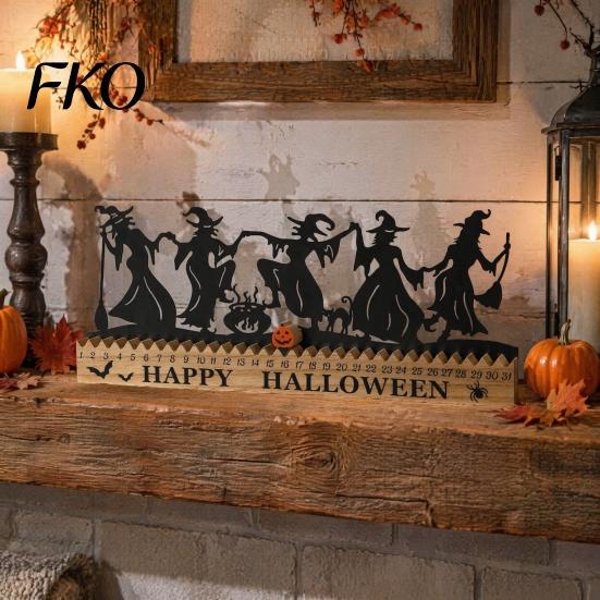 Rustic Wooden Table Decor Halloween Dancing Witch Countdown Ornament, Home Classic Retro for Office Party Centerpiece, Spooky Haunted House