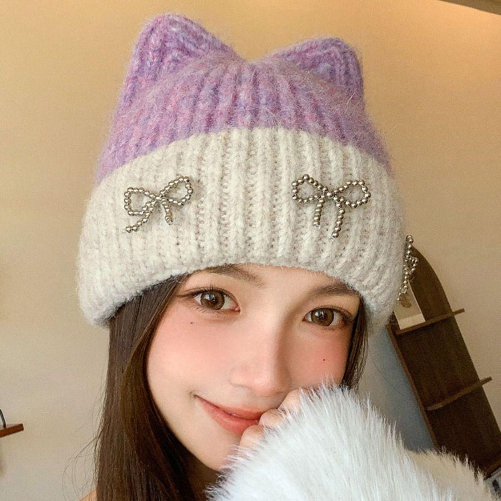 Casual Bowknot Knitted Hat Cat Ear Fiber Winter Hat Knitted Windproof Wool Hat