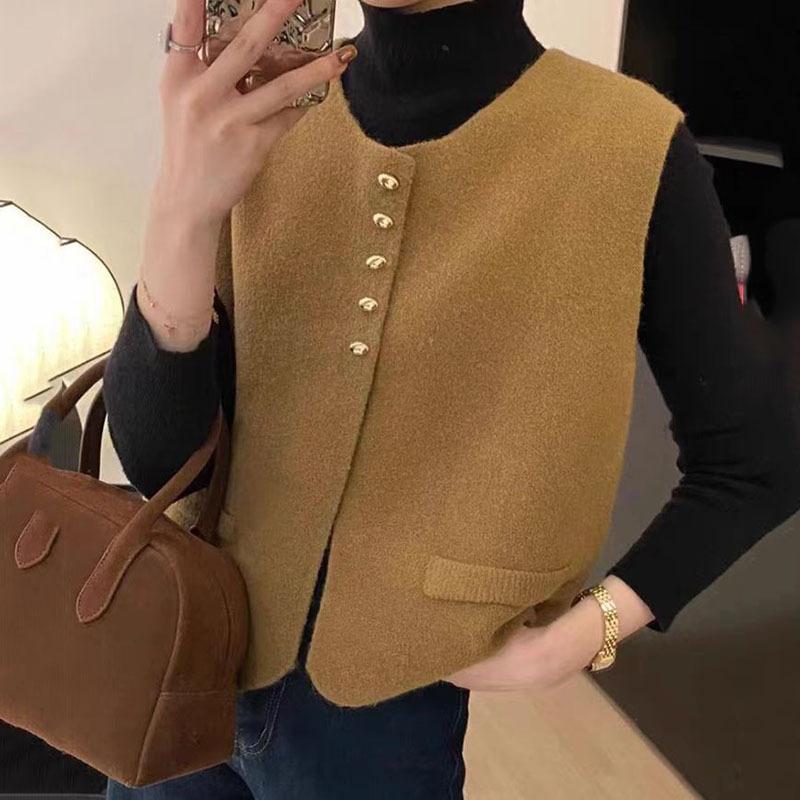 Primavera Autunno Nicchia Premium Gilet in Maglia Donna Elegante Francese Versatile Moda Bottone Dorato Girocollo Gilet Tinta Unita