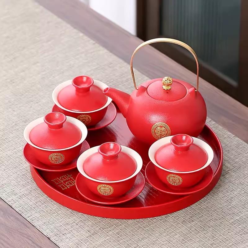 Red Tea Set Cover Bowl Set, One Pot, New Couple's Wedding Change of Mouth, Tea Cup, Chinese Wedding Celebration