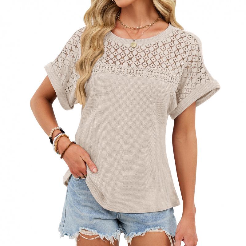 2026 Spring/Summer New Round Neck Lace Trim Loose Short Sleeve T-Shirt for Women