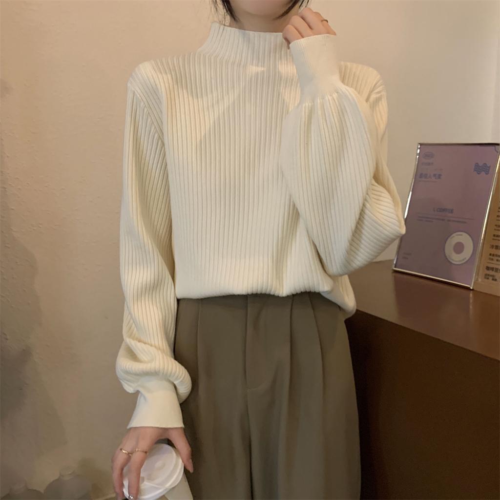 Semi-turtleneck lazy loose bottomed sweater women's autumn and winter interior chic lantern sleeve knitted top