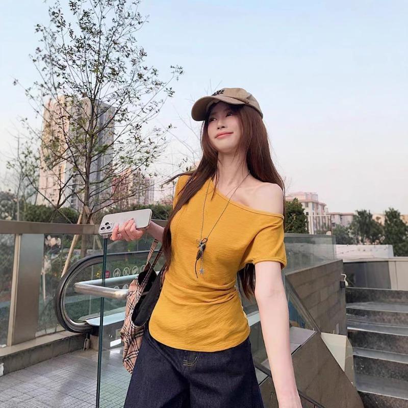 Women's Yellow Asymmetrical Off-Shoulder Short Sleeve T-Shirt