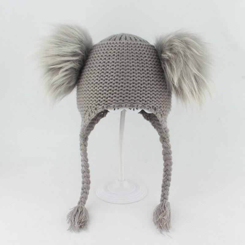 Kids Wool-Blend Knit Beanie With Double Pom Poms Ear Flaps Toddlers Ages 6M-12Y