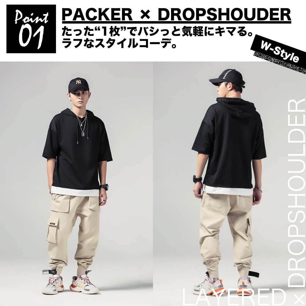 Make 2 Be Sleeve Hoodie Faux Layered Drop Shoulder Cut and Sew Size MF74 Men's 3/4 T-Shirt, Shirt, Pullover, (44.CHARCOAL_XL)