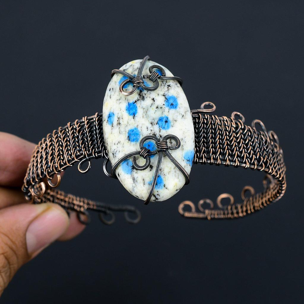 K2 Azurite Pure Copper Wire Wrapped Handmade Jewelry Bangle Bracelet Adjustable Gift For Her