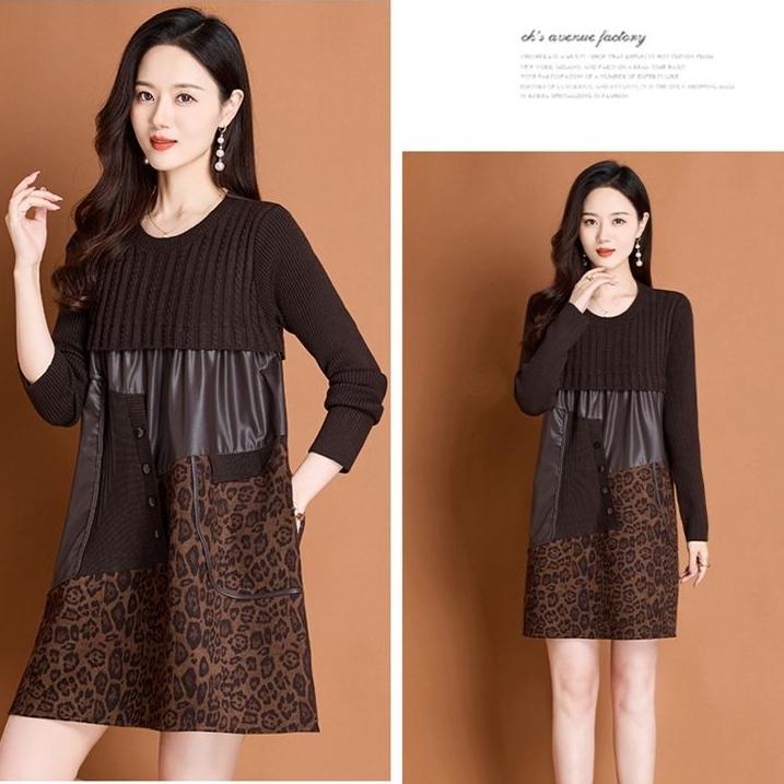 Autumn Winter Women's Sweater Dress Knitted Patchwork PU Leather A-Line Dress Plus Size Knitted Dress
