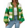 Women's Striped Chunky Needle Button-Down Cardigan Sweater Colorblock Long Sleeve Knitted Jacket