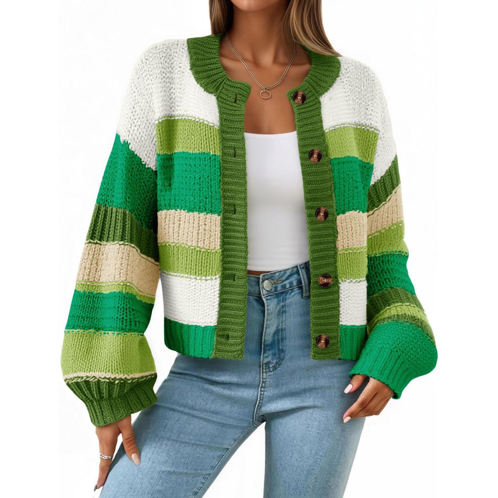 Women's Striped Chunky Needle Button-Down Cardigan Sweater Colorblock Long Sleeve Knitted Jacket