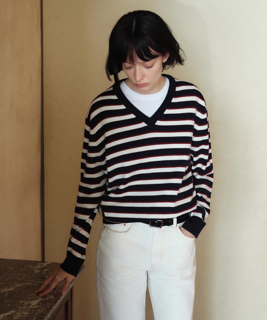 Siyajyu Sikn2174 Multi-Stripe V-Neck Knit_Navy