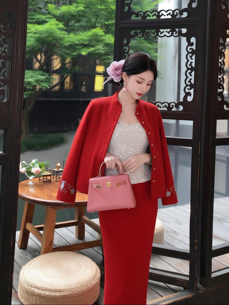 Winter 2026 Red High-End Double-Sided Wool Coat and Skirt Suit for Women, Chinese Style - NY033.