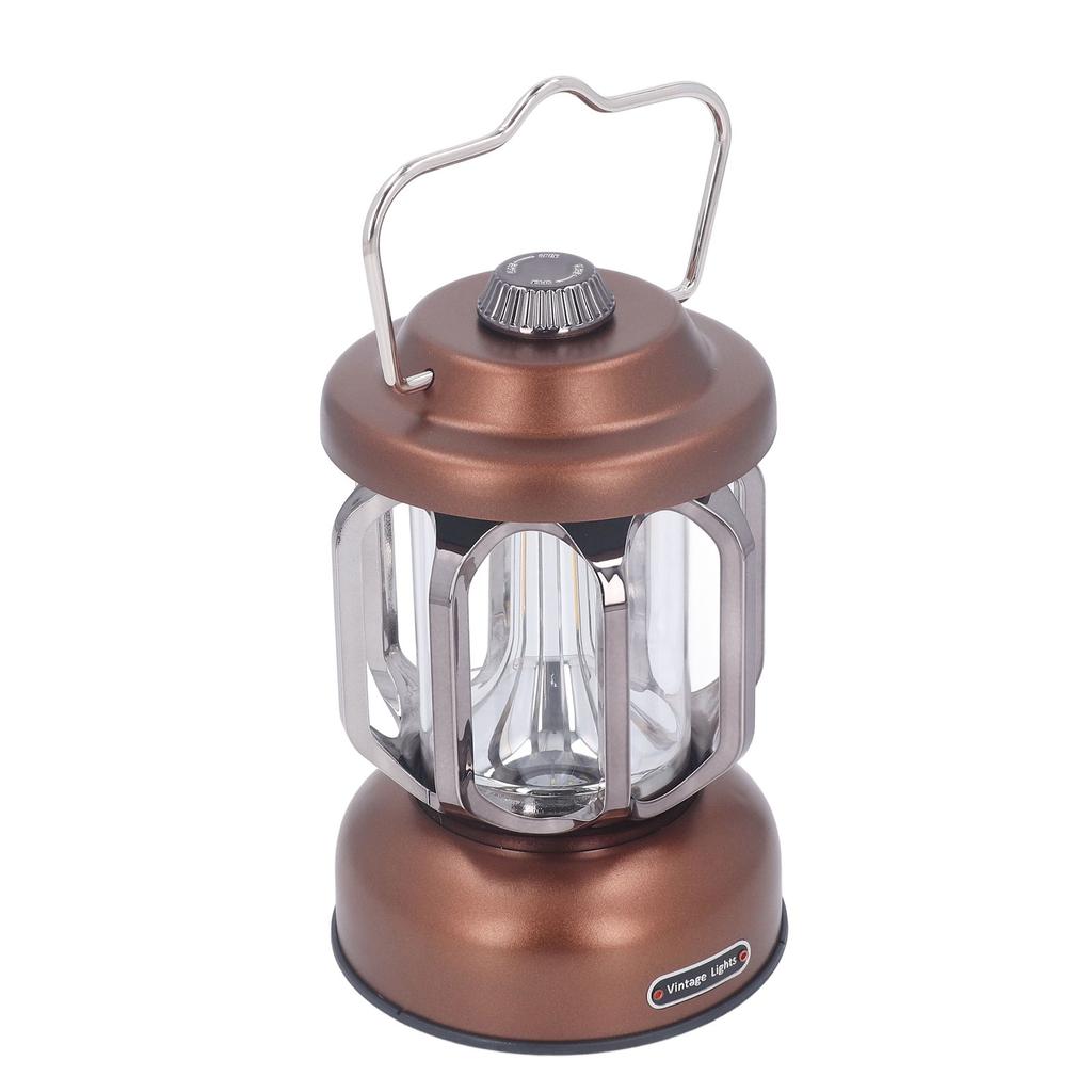 Retro Camping Lantern Vintage Camping Lamp Type C Rechargeable 3 Modes Dimmable with Hook Waterproof LED Tent Lamp for Garden Brown
