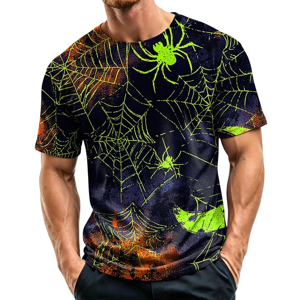 Men Casual Crew Neck Lightweight Breathable Short Sleeve T Shirt with Halloween Web Print for Daily Wear