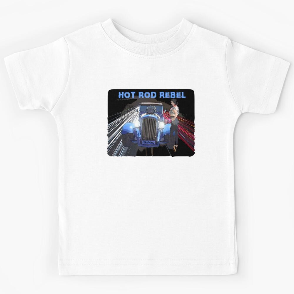 HOT ROD REBEL, BLACK TOP RACER WITH PIN UP GIRL Kids T-Shirt 170