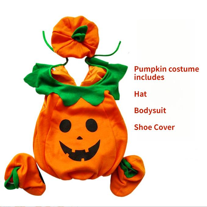 Set Costume di Zucca di Halloween per Bambini Ragazzi Ragazze Tuta Zucca Carina con Cappello e Sacchetto per Dolci Festa di Halloween Performance sul Palco