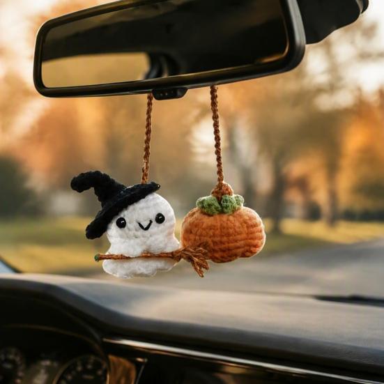 Hand Woven Woolen Ghost Decor Handmade Pumpkin Car Rear View Mirror Pendant, Cute Crochet Pendant Ornament Hanging for Halloween Auto Interior