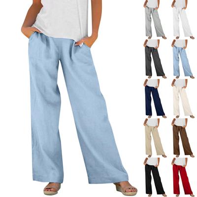 Pantalones Casuales de Moda para Mujer, Corte Relajado, Mezcla de Algodón y Lino, Bolsillo, Cintura Elástica, Pierna Ancha