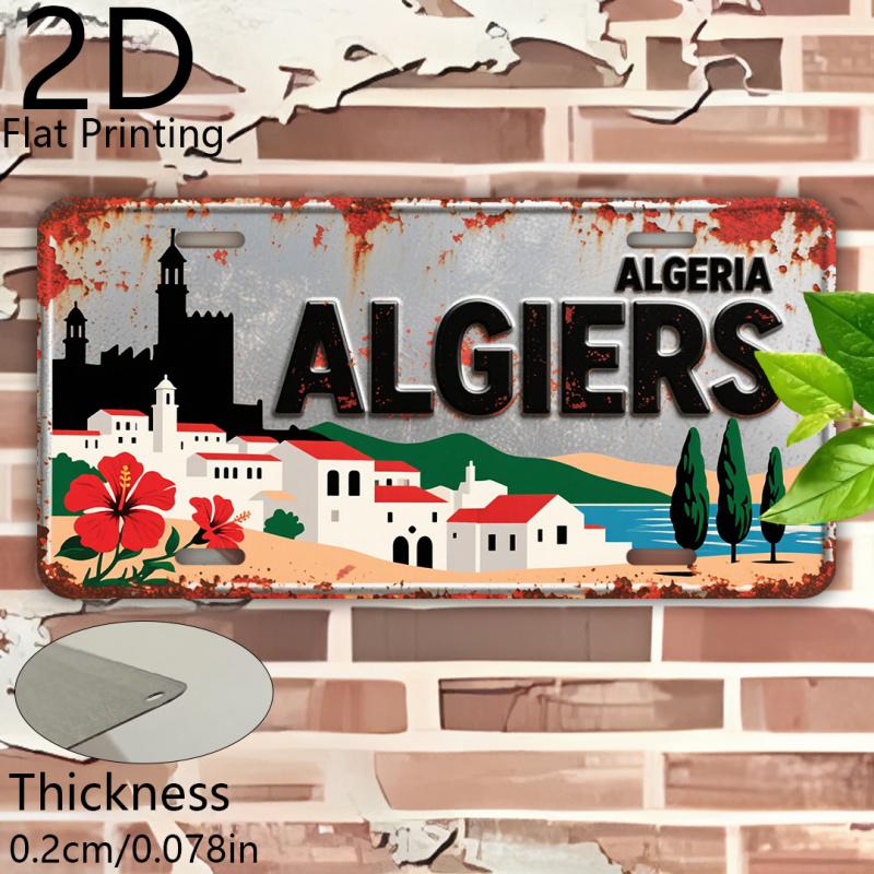 2D Flat, 1pc Vintage Algerian City Sign - Retro Travel Poster style with Algiers Landmarks (Casbah, Harbor, Mountains)