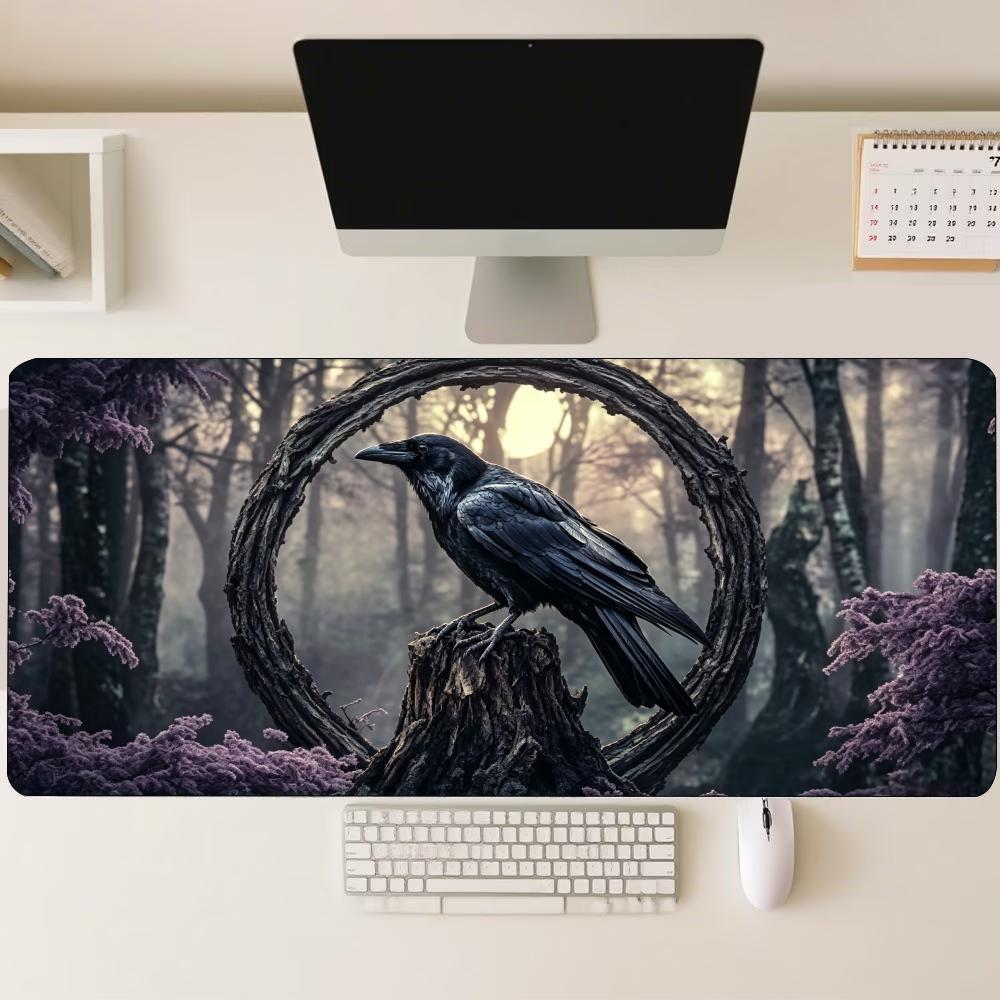 Mysterious Dark Woods Black Crow Art Large Extended Mouse Pad NonSlip Rubber Base With Stitched Edges For Gaming And Office Use