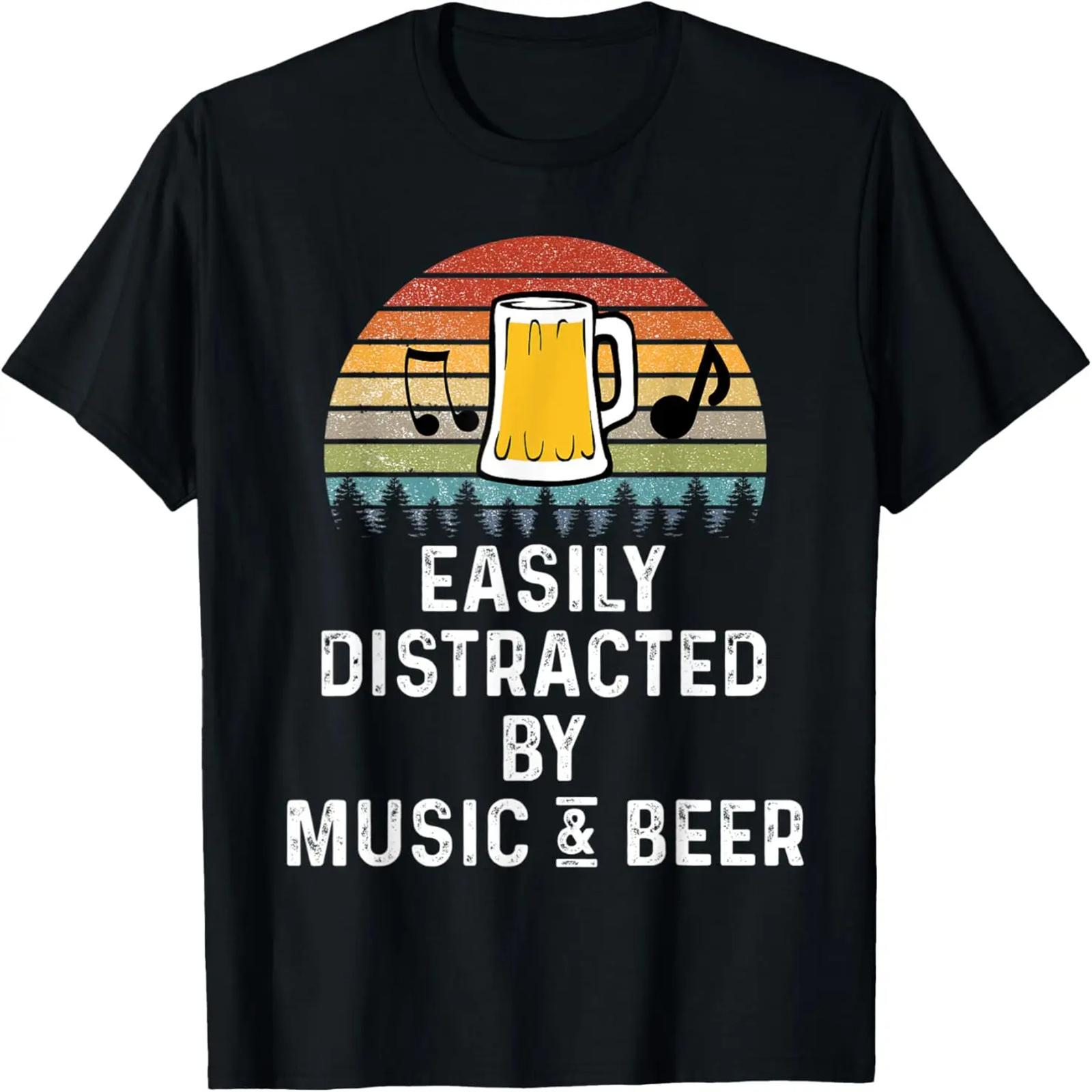 Easily Distracted By Music & Beer Retro Vintage Lover Gift T-Shirt S