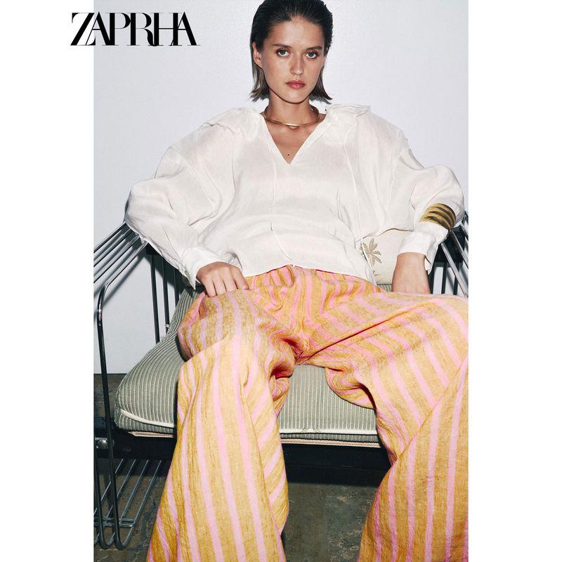 Zaprha 2025 Summer New Fashion Linen Blend Round Neck Loose Long Sleeve Shirts Top 8224149