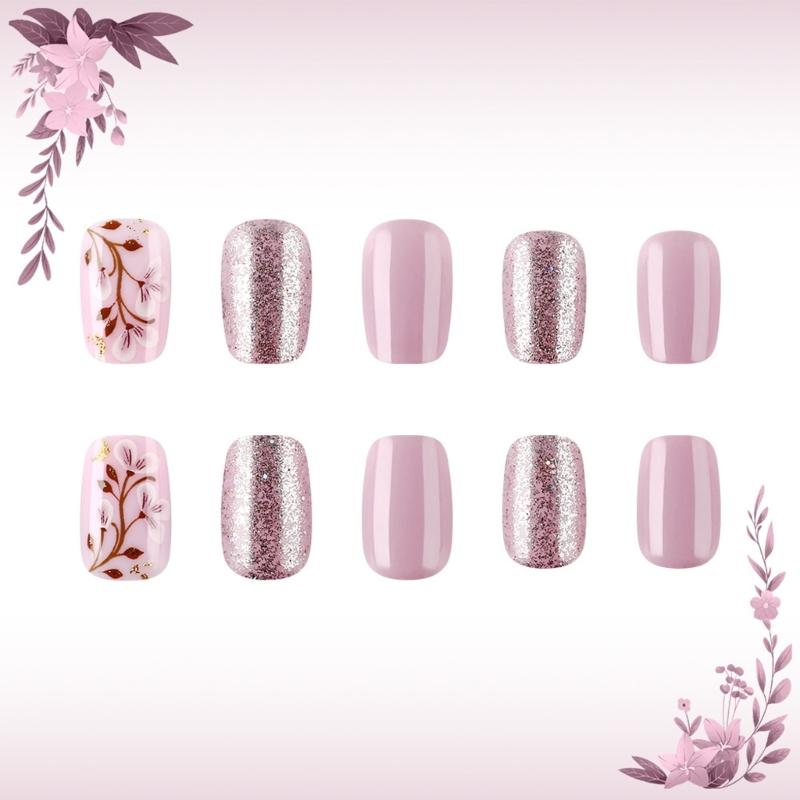 24 Pcs Short Square Press On Nail Purple Acrylic False Nail Glittering Artificial Nail Flowers Stick on Nail for Party