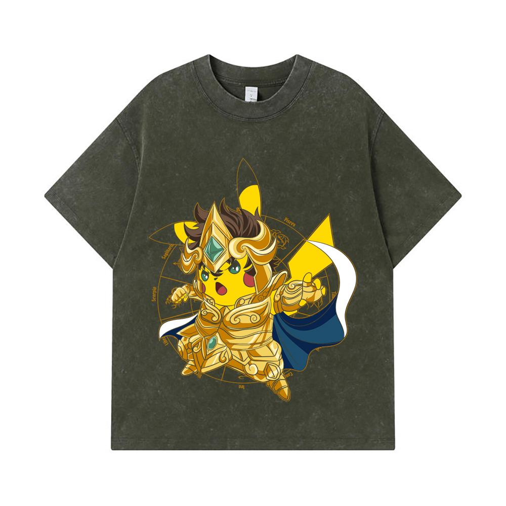 275 GSM Washed T-shirts 100% Cotton Pokemon V25 Pikachu Leo Print Unisex Heavy Cotton T Shirt S армия зеленый