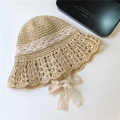 

Women s Summer Crochet Straw Bucket Hat - Hollow Out Lace-Up Design, UV Protection Foldable Sun Cap for Beach & Outdoor Fashion бежевый