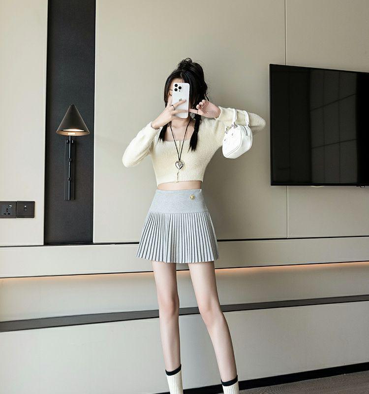 Women's High-Waist Pleated Wool Skirt - Spicy American Style for Autumn/Winter